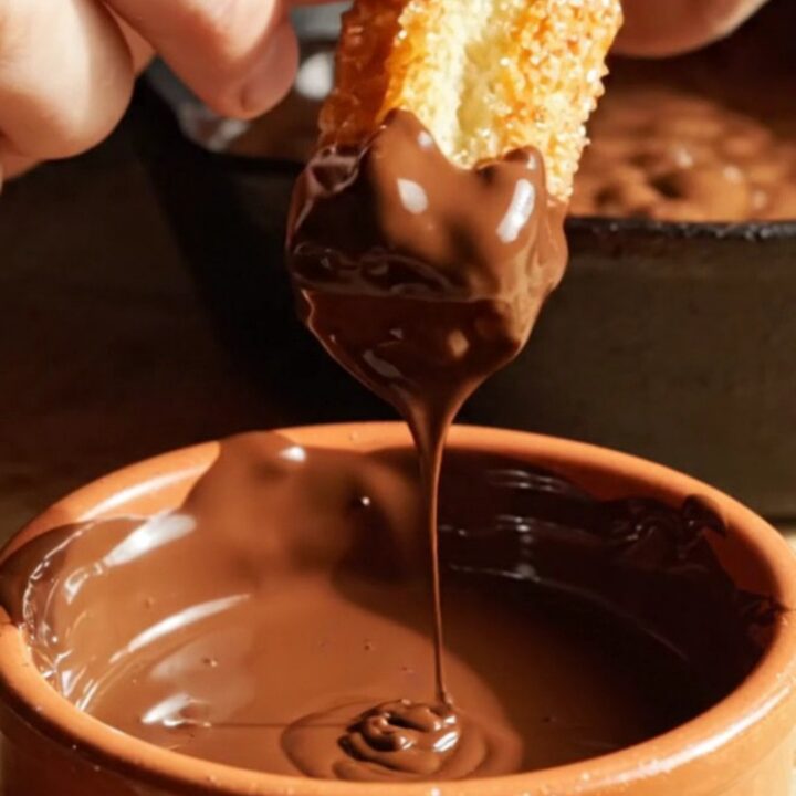 A stack of golden brown churro French toast sticks with a cinnamon sugar coating next to a ramekin of melted dark chocolate.