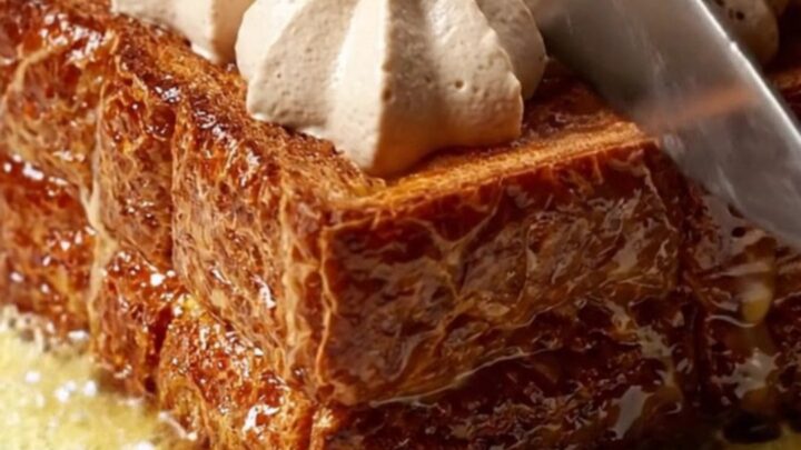 A close-up of thick, caramelized brioche French toast topped with piped swirls of mascarpone cream and dusted with cocoa