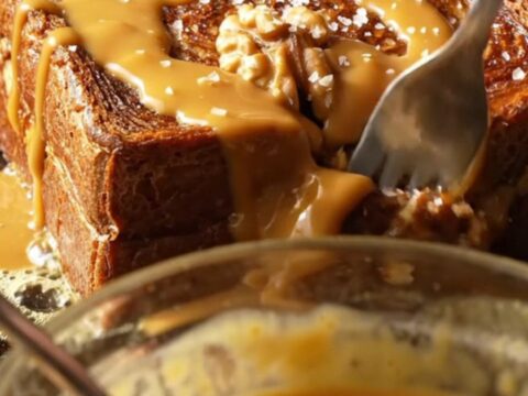 A golden-brown slice of walnut banana bread French toast topped with glossy tahini caramel and sea salt.