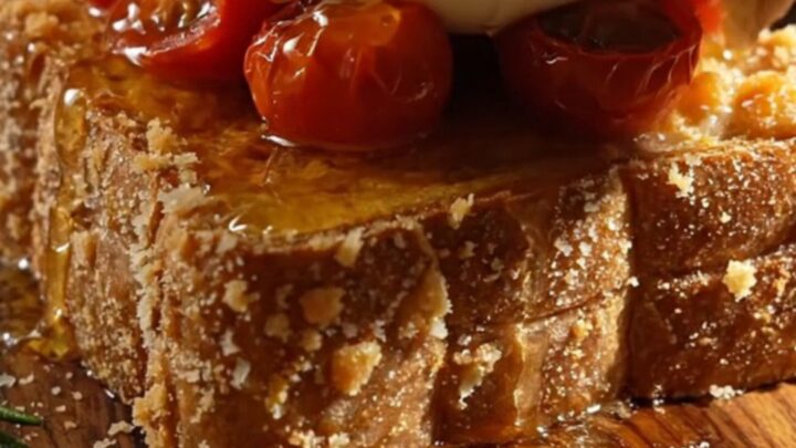 A close-up of Parmesan-crusted French toast topped with a ball of creamy burrata and drizzled with hot honey.