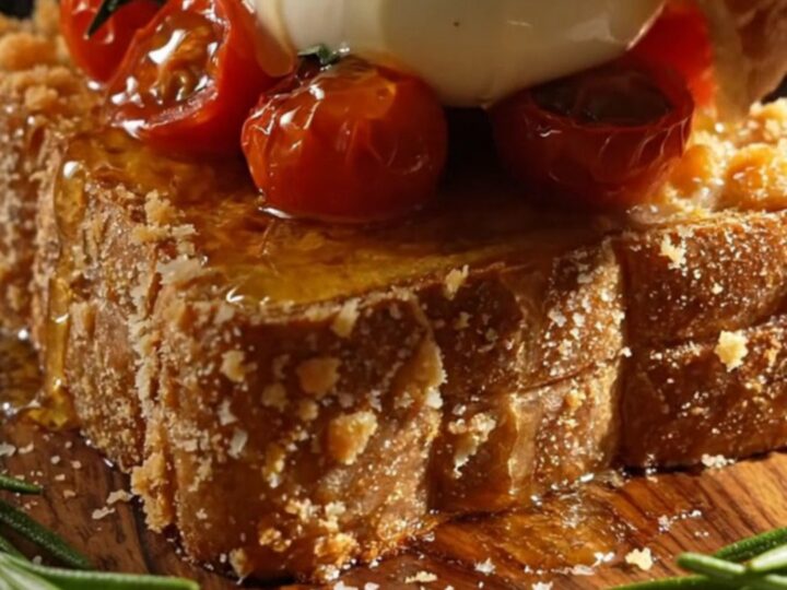 A close-up of Parmesan-crusted French toast topped with a ball of creamy burrata and drizzled with hot honey.