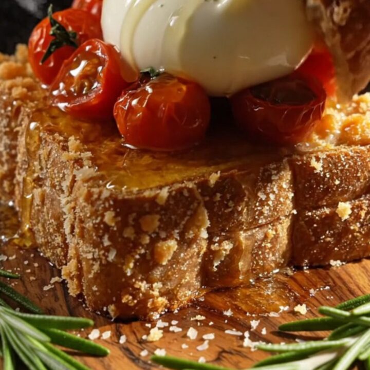 A close-up of Parmesan-crusted French toast topped with a ball of creamy burrata and drizzled with hot honey.
