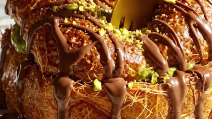 A stack of golden brown brioche French toast topped with a drizzle of melted milk chocolate and crushed pistachios.