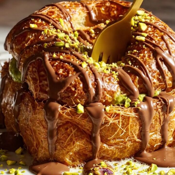 A stack of golden brown brioche French toast topped with a drizzle of melted milk chocolate and crushed pistachios.