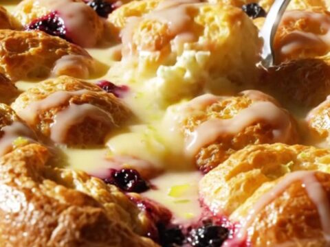 A golden-brown lemon blueberry French toast bake in a ceramic dish, topped with a bright lemon glaze.