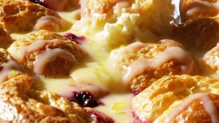 A golden-brown lemon blueberry French toast bake in a ceramic dish, topped with a bright lemon glaze.