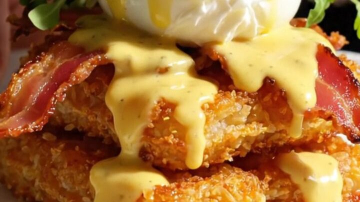 A crispy golden hashbrown waffle topped with bacon, a poached egg, and flowing chipotle hollandaise.