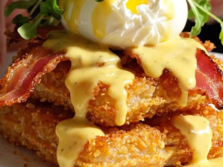 A crispy golden hashbrown waffle topped with bacon, a poached egg, and flowing chipotle hollandaise.