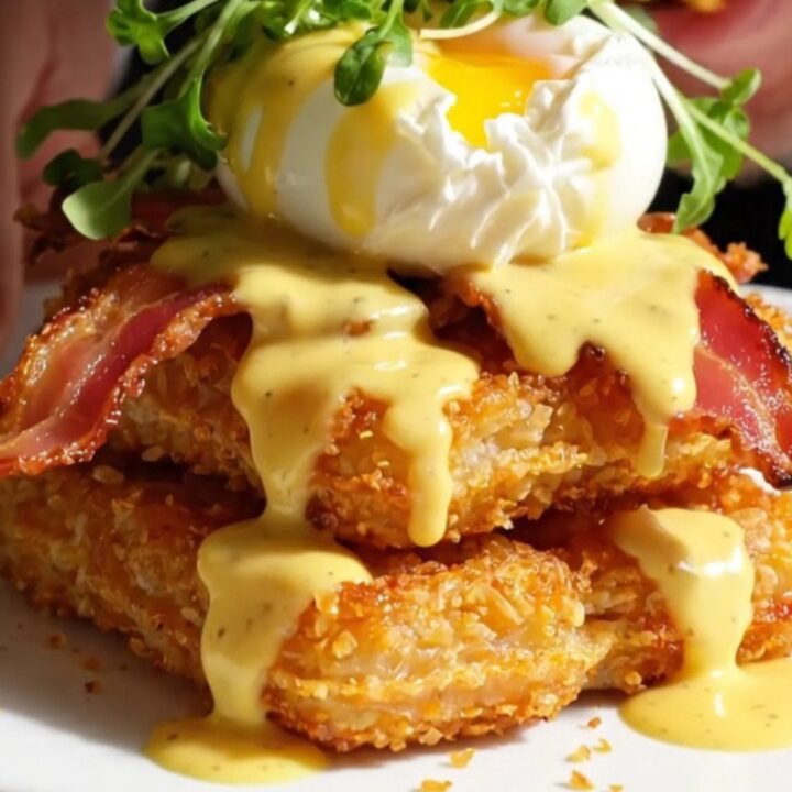 A crispy golden hashbrown waffle topped with bacon, a poached egg, and flowing chipotle hollandaise.