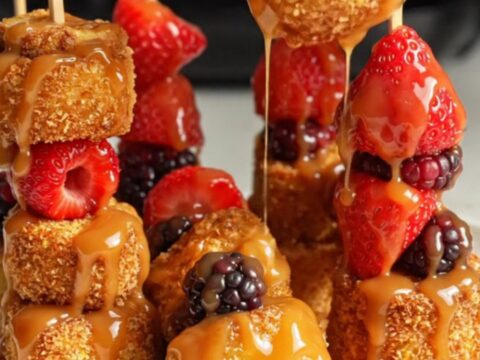 A close-up shot of crispy air-fryer cinnamon roll French toast skewers drizzled with maple icing and garnished with fresh