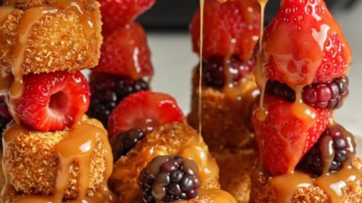 A close-up shot of crispy air-fryer cinnamon roll French toast skewers drizzled with maple icing and garnished with fresh