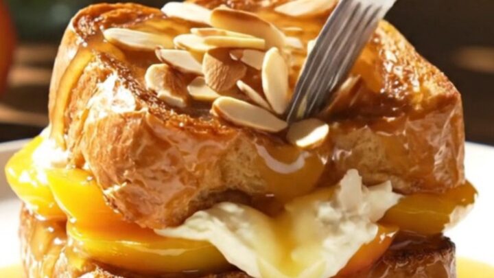 A close-up view of golden-brown stuffed brioche topped with glossy, bourbon-caramelized peach slices.