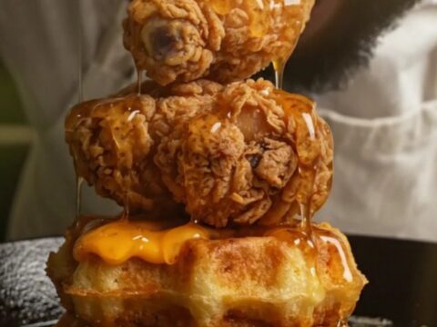 Extreme close-up of amber hot honey drizzling over crispy fried chicken on a jalapeño cheddar cornbread waffle.