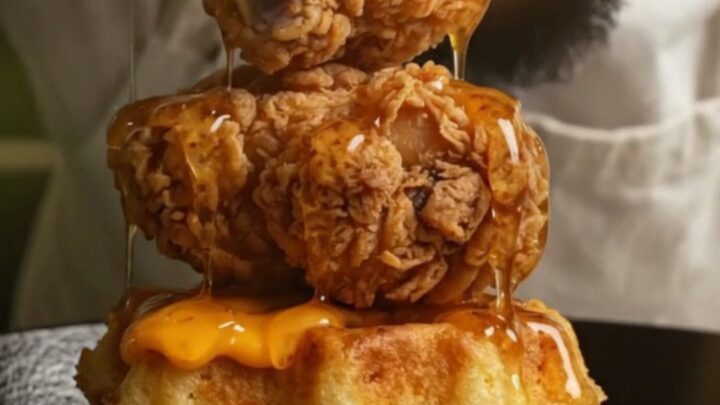 Extreme close-up of amber hot honey drizzling over crispy fried chicken on a jalapeño cheddar cornbread waffle.