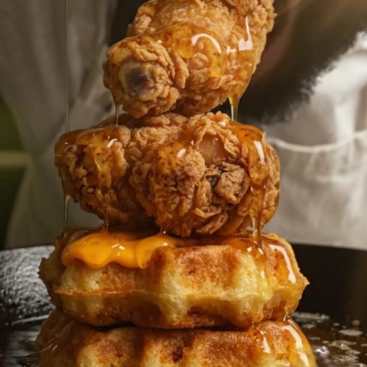 Extreme close-up of amber hot honey drizzling over crispy fried chicken on a jalapeño cheddar cornbread waffle.