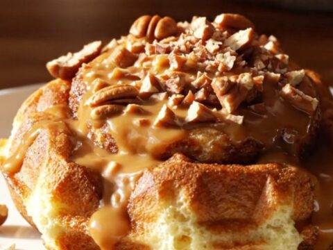 A close-up of a crispy waffled cinnamon roll with deep brown grid pockets filled with creamy frosting and pecans.