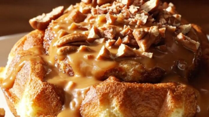 A close-up of a crispy waffled cinnamon roll with deep brown grid pockets filled with creamy frosting and pecans.