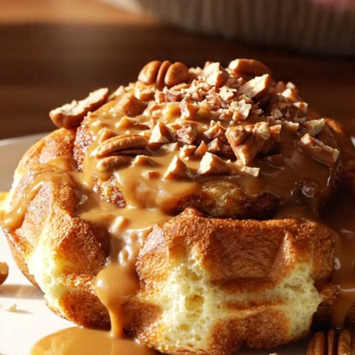 A close-up of a crispy waffled cinnamon roll with deep brown grid pockets filled with creamy frosting and pecans.