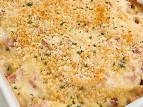 A deep scoop of creamy penne pasta with melted Swiss cheese, chicken, and ham under a crispy golden panko crust.