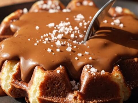 A close-up of a dark chocolate brownie waffle topped with espresso whipped cream and sea salt.