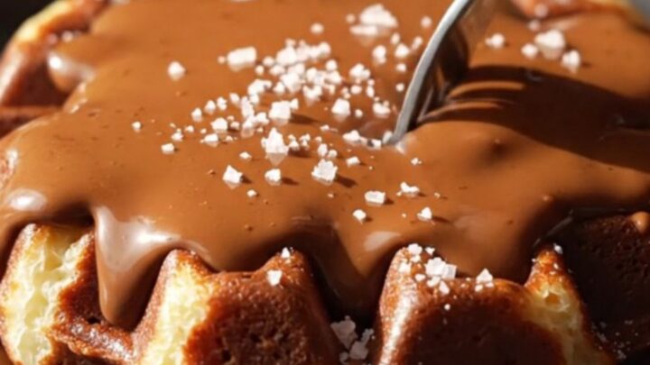 A close-up of a dark chocolate brownie waffle topped with espresso whipped cream and sea salt.