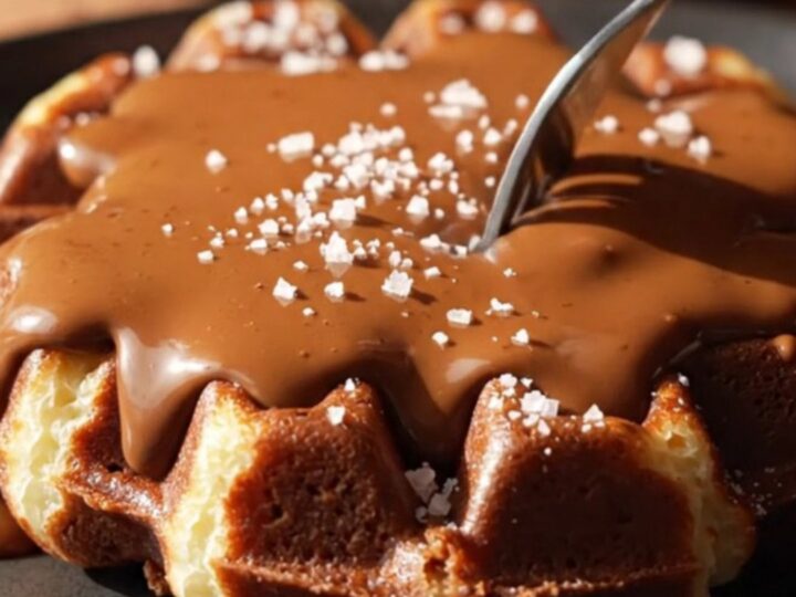 A close-up of a dark chocolate brownie waffle topped with espresso whipped cream and sea salt.