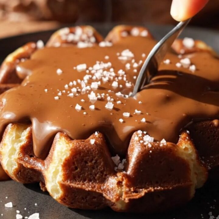 A close-up of a dark chocolate brownie waffle topped with espresso whipped cream and sea salt.
