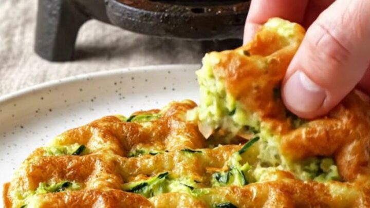 A crispy golden zucchini cheddar waffle topped with smoked salmon, dill crème fraîche, and bright orange salmon roe.