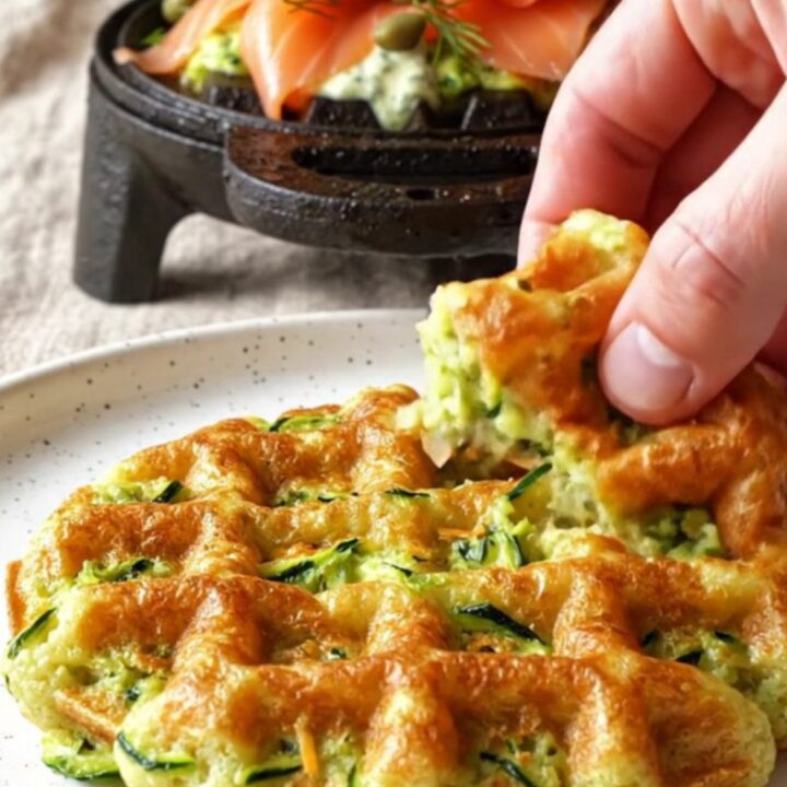 A crispy golden zucchini cheddar waffle topped with smoked salmon, dill crème fraîche, and bright orange salmon roe.