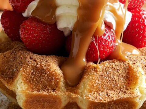 A crispy, golden-brown cinnamon-sugar coated waffle bowl filled with fresh strawberries and drizzled with dulce de leche.