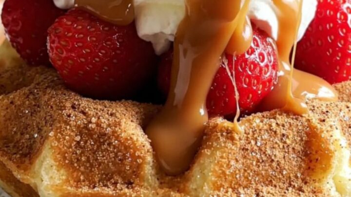 A crispy, golden-brown cinnamon-sugar coated waffle bowl filled with fresh strawberries and drizzled with dulce de leche.