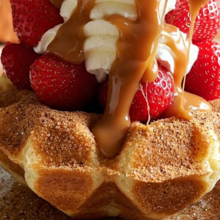 A crispy, golden-brown cinnamon-sugar coated waffle bowl filled with fresh strawberries and drizzled with dulce de leche.