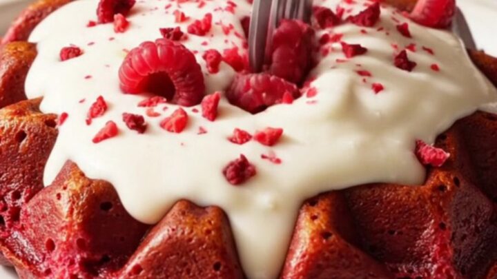 Crispy red velvet Belgian waffles drizzled with white chocolate ganache and freeze-dried raspberries.