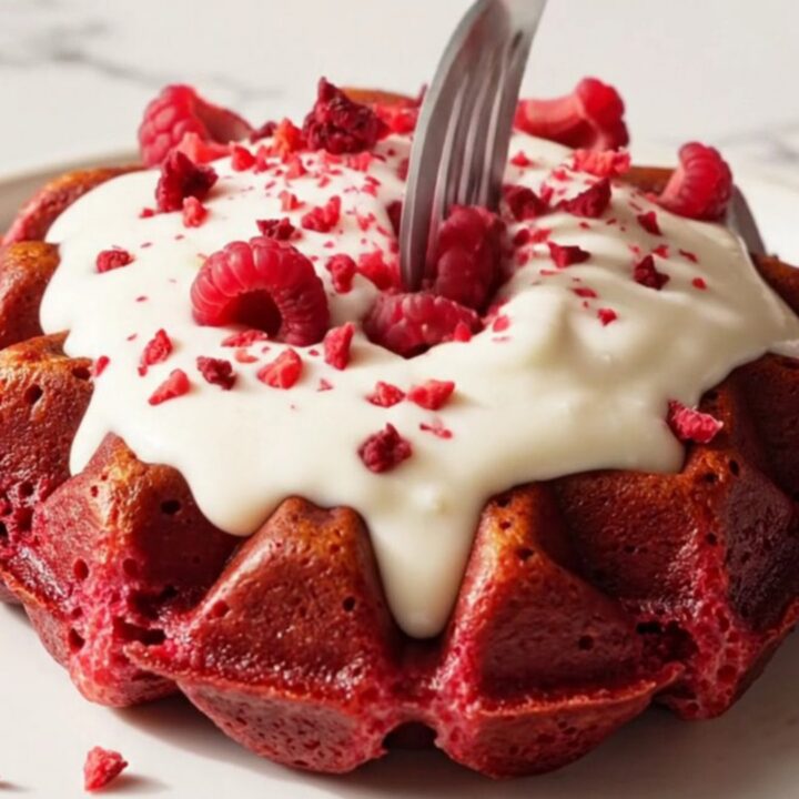 Crispy red velvet Belgian waffles drizzled with white chocolate ganache and freeze-dried raspberries.