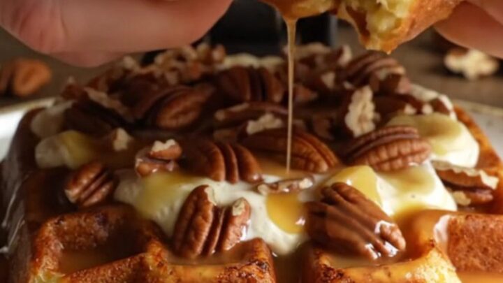 A close-up of a golden-brown Belgian waffle topped with cream and pecan pieces.