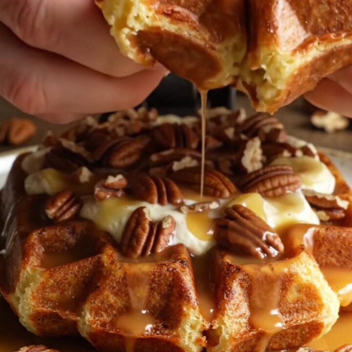 A close-up of a golden-brown Belgian waffle topped with cream and pecan pieces.