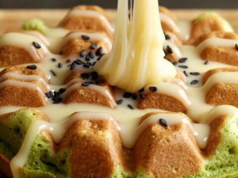 A close-up of a vibrant green matcha mochi waffle being pulled apart to show the stretchy interior.