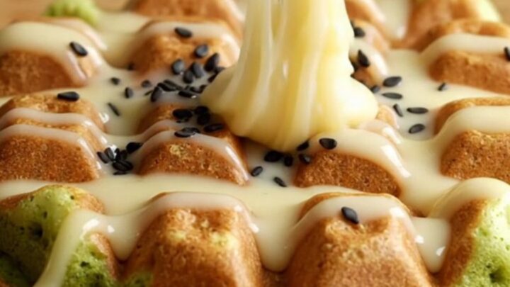 A close-up of a vibrant green matcha mochi waffle being pulled apart to show the stretchy interior.
