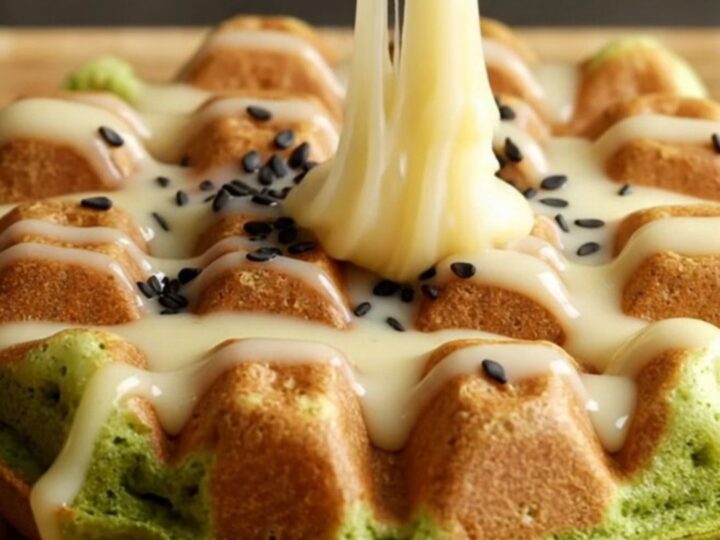 A close-up of a vibrant green matcha mochi waffle being pulled apart to show the stretchy interior.