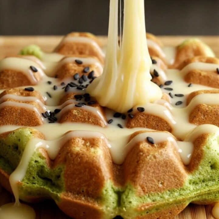 A close-up of a vibrant green matcha mochi waffle being pulled apart to show the stretchy interior.