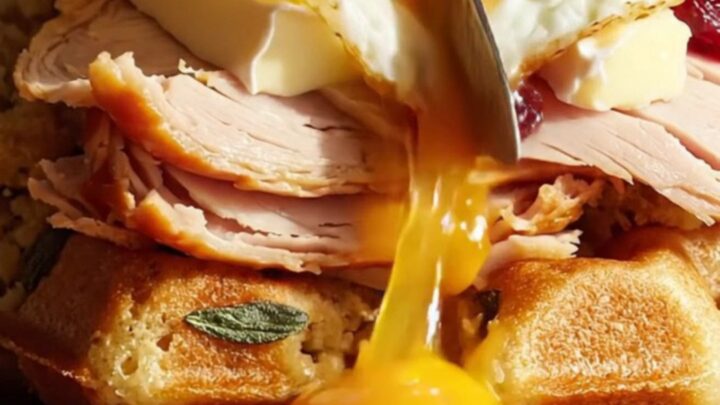 A crispy herb stuffing waffle sandwich filled with melted Brie, turkey, and cranberry, topped with a fried egg.
