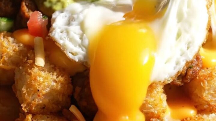 A crispy, golden tater tot waffle topped with sizzling chorizo, melted cheese, and a sunny-side up egg.