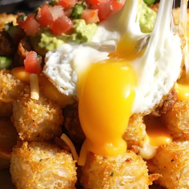 A crispy, golden tater tot waffle topped with sizzling chorizo, melted cheese, and a sunny-side up egg.