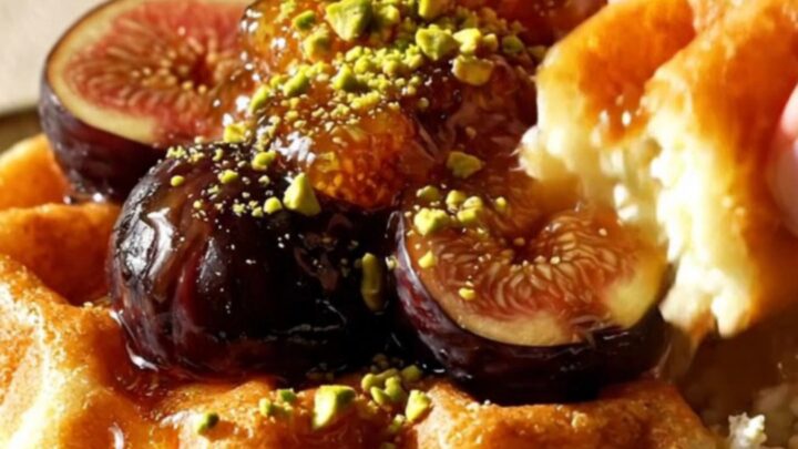 Close up of golden almond ricotta waffles topped with jammy black mission figs and honey.