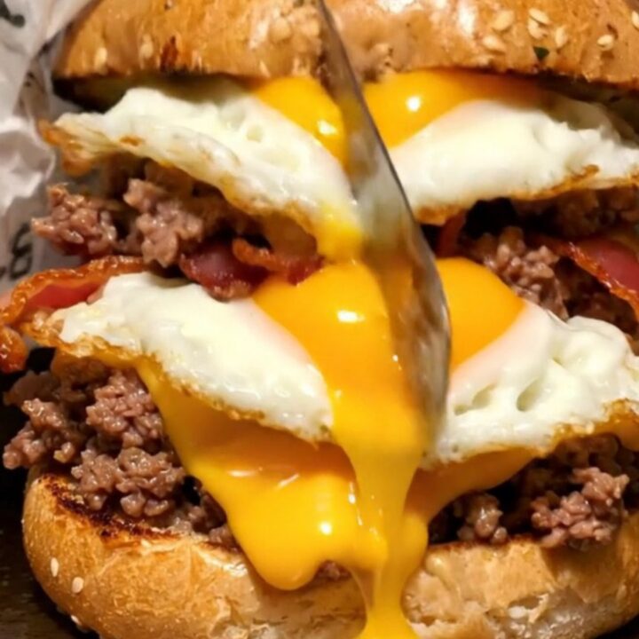 A close-up of a cut everything bagel sandwich showing melted cheese, seasoned ground beef, and a runny egg yolk.
