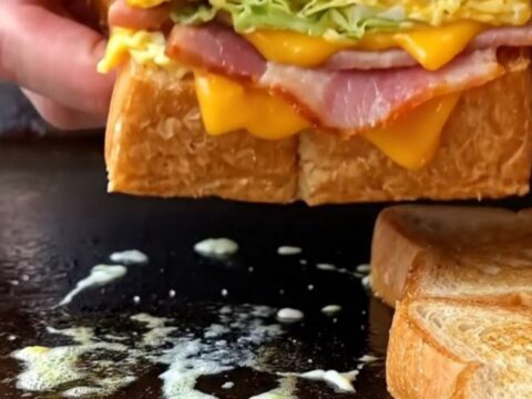A thick, buttery toasted brioche sandwich stuffed with a colorful cabbage and carrot omelette, seared ham