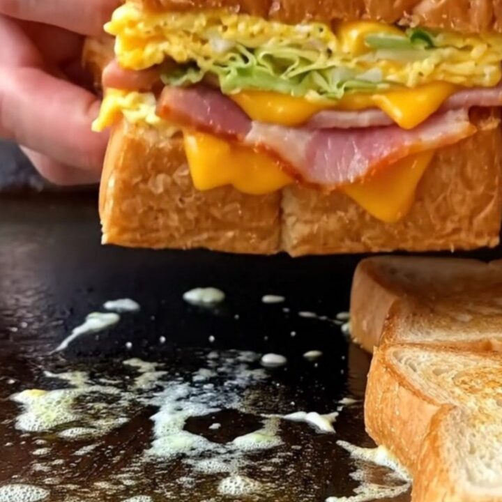 A thick, buttery toasted brioche sandwich stuffed with a colorful cabbage and carrot omelette, seared ham