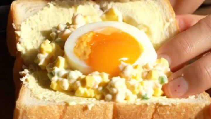 A close-up view of a perfectly cut Tamago Sando showing a jammy egg center and creamy egg salad.