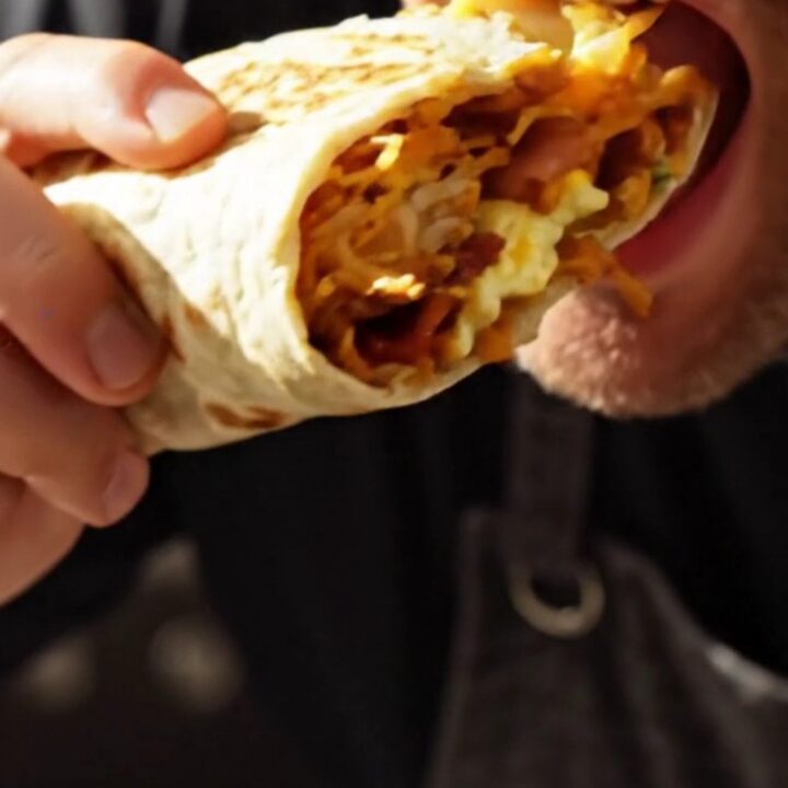 A sliced California breakfast burrito showing layers of hashbrowns, eggs, bacon, cheese, and guacamole.