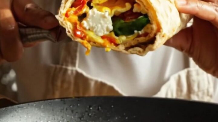 A close-up shot of a crispy, golden-seared lavash wrap sliced in half, revealing layers of fluffy egg whites, wilted spinach